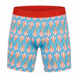 Spandex shorts with baseball ice cream cone pattern on a blue background with red waistband.