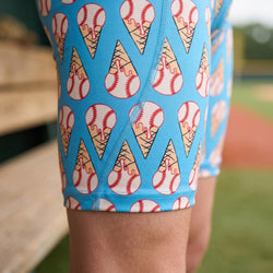 Shorts with ice cream cone and baseball pattern on a sports field