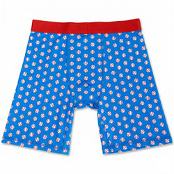 Flat lay of nlue baseball themed compression shorts with baseball pattern design