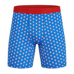Blue baseball shorts with red waistband on a white background