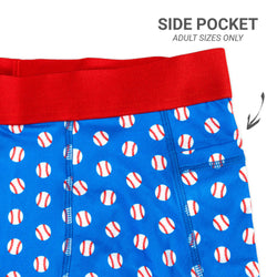 Shorts with baseball pattern showing side pockets