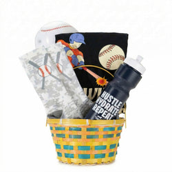 Basket with baseball-themed items including a water bottle, socks, and a inflatable ball on a white background