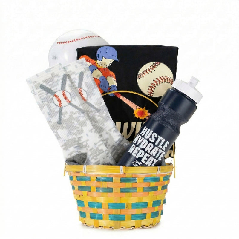 Basket with baseball-themed items including a water bottle, socks, and a inflatable ball on a white background