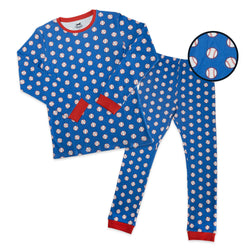 A two-piece children's pajama set featuring a long-sleeve top and matching pants in royal blue with a repeating baseball print, red collar and cuff trim, and a circular inset showing a close-up of the baseball pattern.