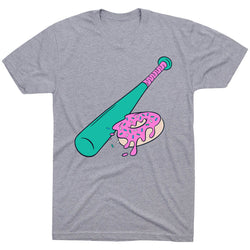 Gray t-shirt with a teal baseball bat and pink donut graphic on a white background