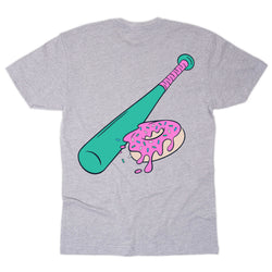 Gray t-shirt with a green baseball bat and pink donut graphic on the back.