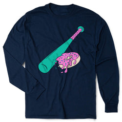 Navy blue long-sleeve shirt with a colorful graphic of a baseball bat and donut on a white background