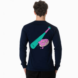Person wearing a navy blue long-sleeve shirt with a colorful graphic of a baseball bat and donut on the back against a white background