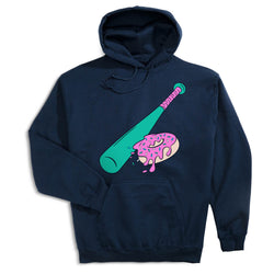Navy blue hoodie with a graphic of a green baseball bat hitting a pink donut on a white background