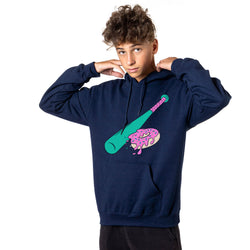 Person wearing a navy blue hoodie with a colorful graphic of a baseball bat and donut on a white background