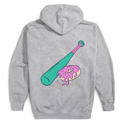 Gray hoodie with a unique design on the back featuring a green bat and pink donut.