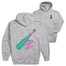 Gray hoodie with a colorful graphic of a baseball bat and donut on the back, and a logo on the back.