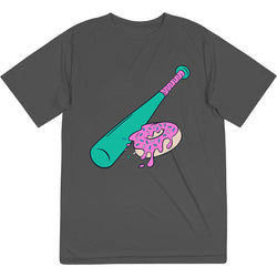 Gray t-shirt with a colorful graphic of a baseball bat hitting a donut on a white background