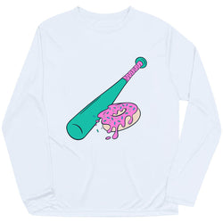 White long-sleeve shirt with a colorful graphic of a baseball bat and donut on a white background