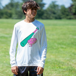 Person wearing a white long-sleeve shirt with a colorful graphic of a baseball bat and donut