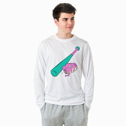 Person wearing a white long-sleeve shirt with a colorful graphic of a baseball bat and donut on a white background