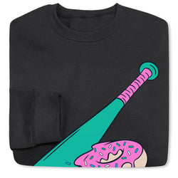 Black sweatshirt with a colorful graphic of a baseball bat and donut on a white background