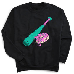 Black sweatshirt with a colorful graphic of a baseball bat hitting a donut on a white background