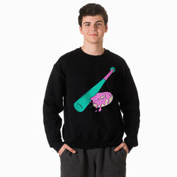 Person wearing a black sweatshirt with a colorful graphic of a baseball bat and donut on a white background