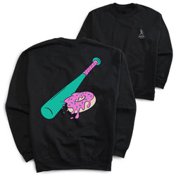 Black sweatshirt with a graphic of a baseball bat and donut on the front, displayed with the back facing up.