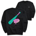 Black sweatshirt with a graphic of a baseball bat and donut on the front, displayed with the back facing up.