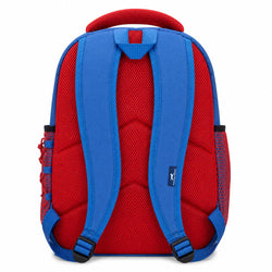 The back view of a red and blue mesh backpack, featuring padded blue shoulder straps, side mesh pockets, and a small black brand tag on the lower back.
