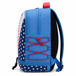 A blue and navy backpack with baseball-themed patterns, featuring red laces across the front pocket and a red top handle, shown on a white background.