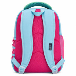 The back view of a backpack featuring a bright pink mesh back, light blue padded shoulder straps, a teal padded top handle, and light blue and pink side straps. A small black brand tag is visible on the right side.