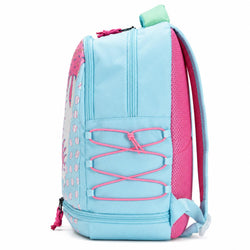 A light blue and pink backpack with a side zipper, pink lace-up front detail, and a pink mesh side panel, shown on a white background.