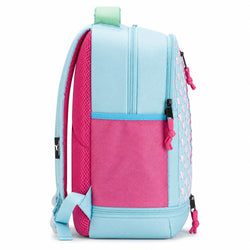 A light blue and hot pink backpack shown from the side against a white background, featuring a mesh pocket, patterned side panel, and pink zipper pulls.
