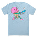 Light blue t-shirt with a pink ice cream cone character playing baseball on the back.
