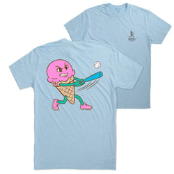 Lightblue tee with ice cream baseball design and small logo