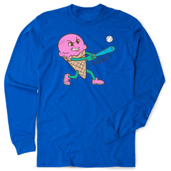 Blue long-sleeve shirt with a pink ice cream cone character holding a baseball bat and ball on a white background