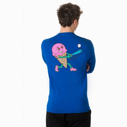 Person wearing royal blue long sleeve tee with ice cream baseball design on the back