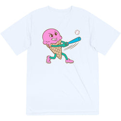 White t-shirt with a cartoon ice cream cone character holding a baseball bat and ball on a white background