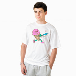 Person wearing a white t-shirt with a colorful baseball ice cream graphic design on a white background