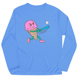Blue long-sleeve shirt with a cartoon ice cream cone character holding a baseball bat and ball on a white background.