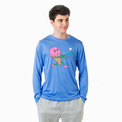 Person wearing a blue long-sleeve shirt with a colorful baseball graphic design on a white background
