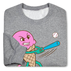 Gray sweatshirt with a cartoon ice cream cone character holding a baseball bat and ball on a white background