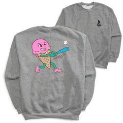 Gray sweatshirt with a cartoon character holding a baseball bat on the back, displayed against a white background.