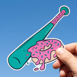 Sticker of a baseball bat with a pink donut on a blue background
