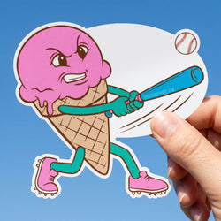 Sticker of a cartoon ice cream cone character with a baseball bat against a blue background
