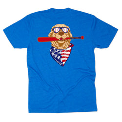 Blue t-shirt with a graphic of a dog wearing sunglasses and an American flag bandana, holding a baseball bat on a white background.