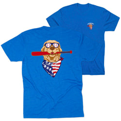 Royal blue t-shirt with a graphic of a dog wearing sunglasses and an American flag bandana, holding a baseball bat.