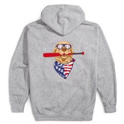 Gray hoodie with a baseball dog graphic wearing an American flag bandana and sunglasses on the back.