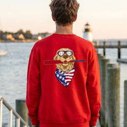 Person wearing a red sweatshirt with a patriotic dog graphic design by a waterfront