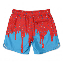 Red and blue shorts with a drippy design on a white background