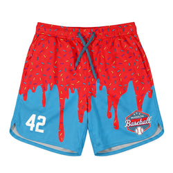 Red and blue shorts with a baseball design and number 42 on a white background
