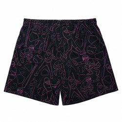 Black athletic shorts featuring an all-over pink line art pattern of baseball players and equipment, shown flat against a white background.