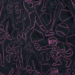 Black athletic fabric with a pink baseball-themed pattern featuring player silhouettes, baseballs, bats, and home plate shapes.